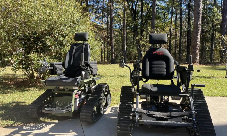 Up close view of all-terrain wheelchairs. 
